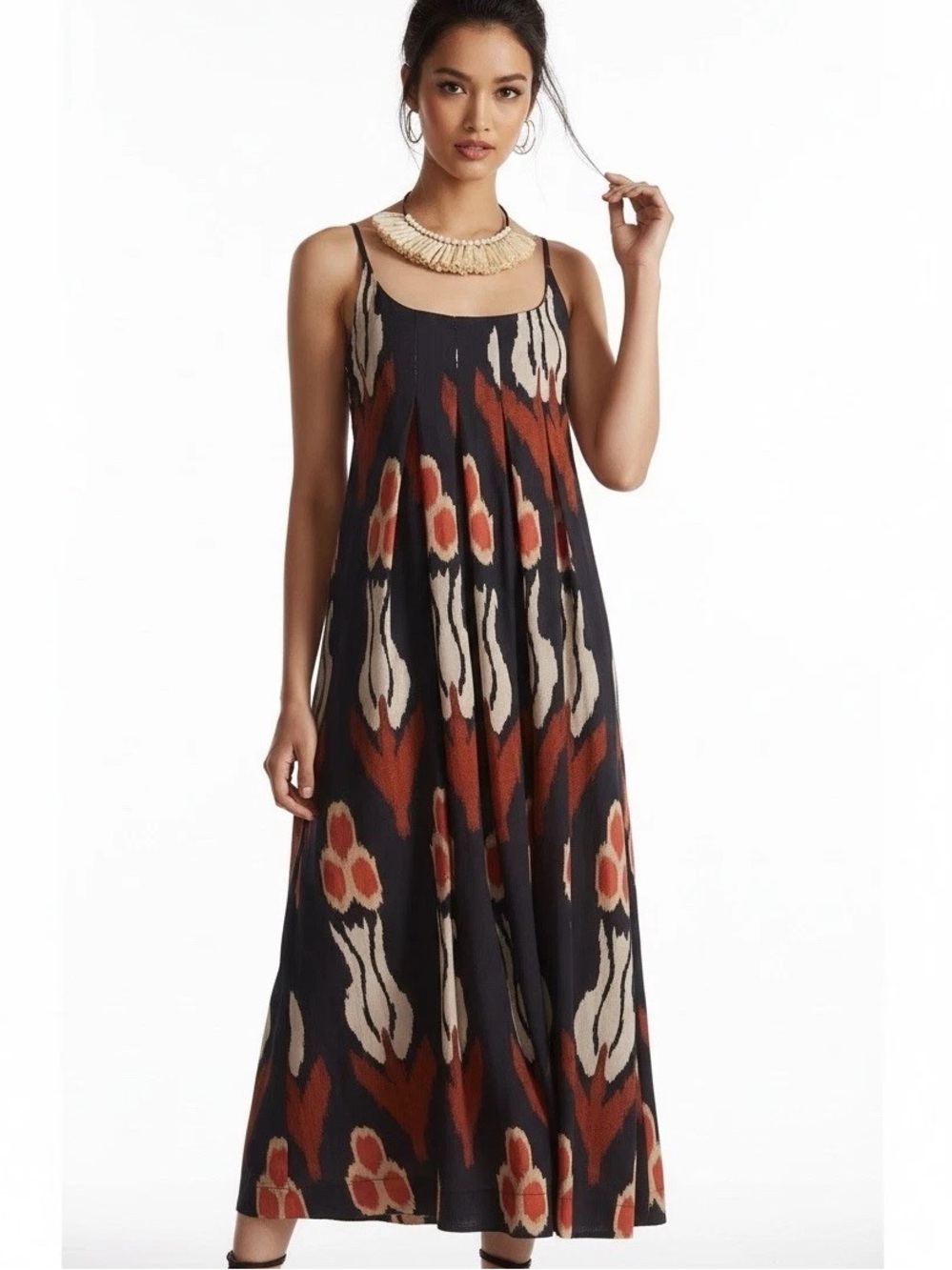 By Anthropologie Nikki Pleated Maxi Dress Ikat Print Boho Festival Vacation S